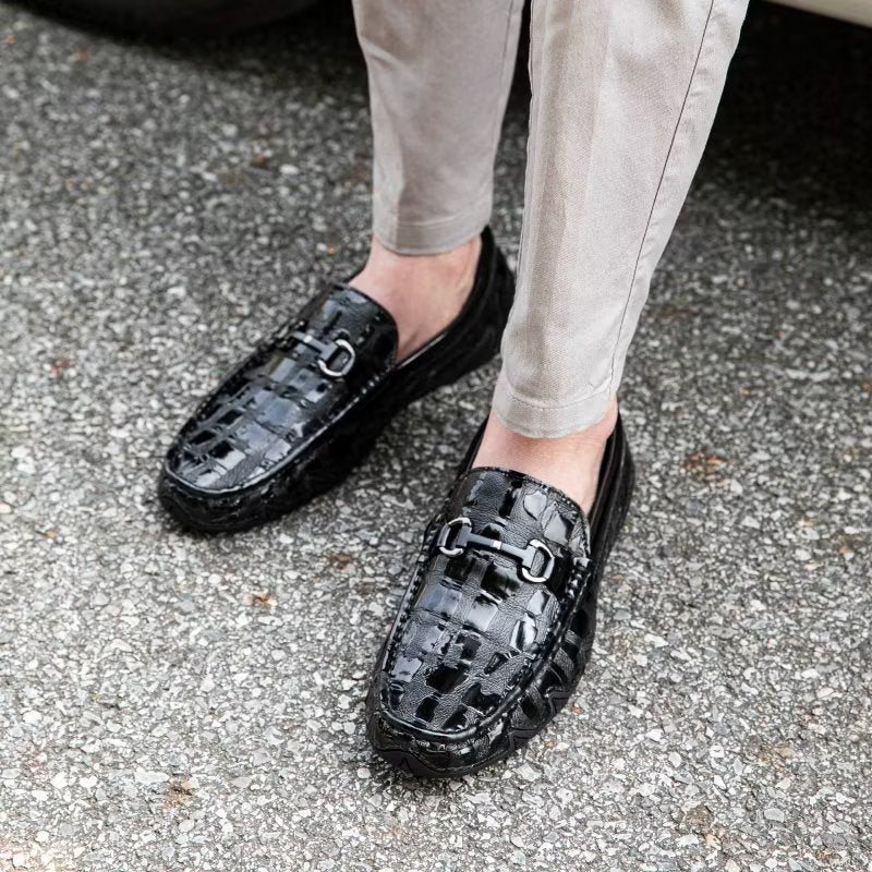 Ανδρικά Loafers Exotic Crocodile Leather Slip On Metal Toe - Μαύρο 