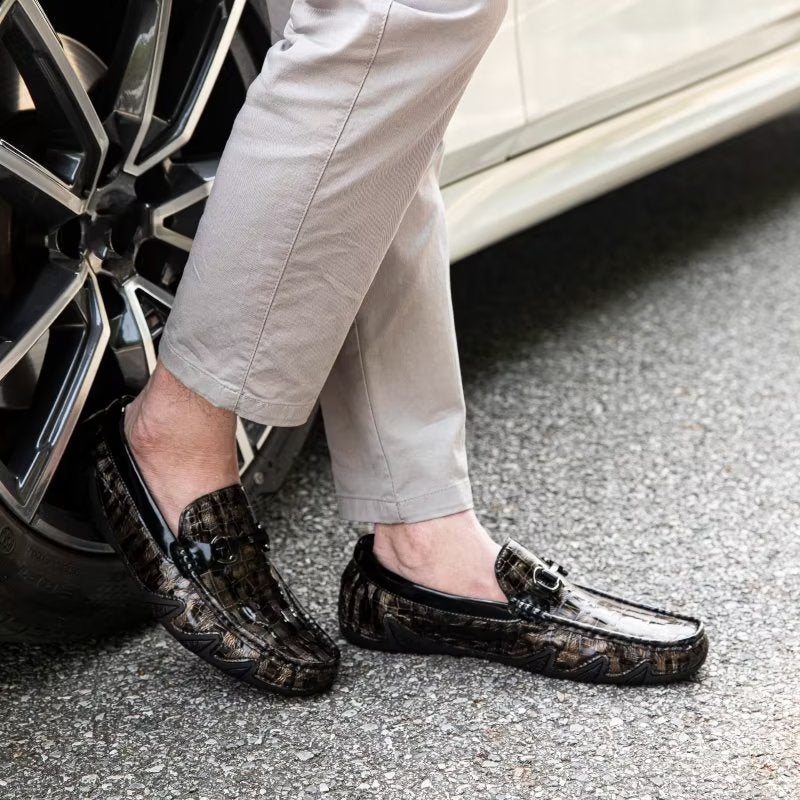 Ανδρικά Loafers Exotic Crocodile Leather Slip On Metal Toe - Καφές