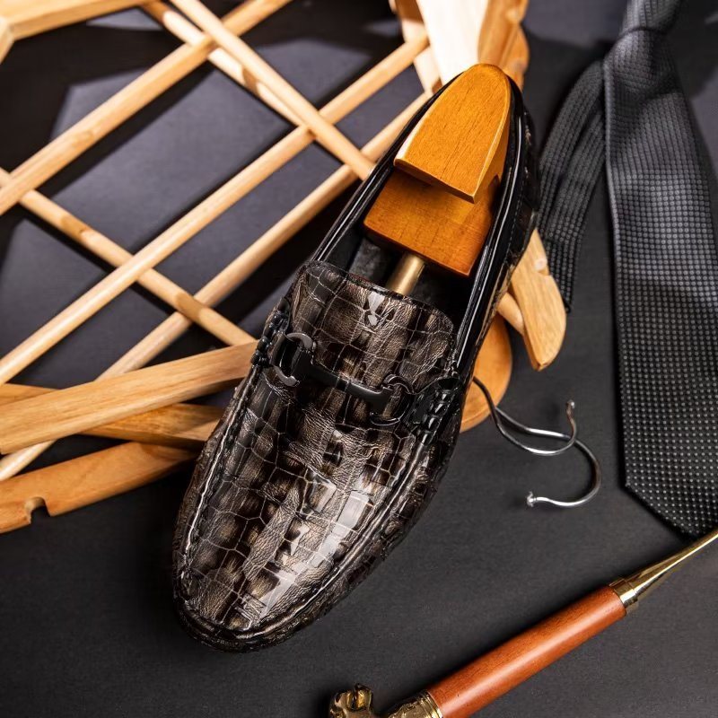 Ανδρικά Loafers Exotic Crocodile Leather Slip On Metal Toe - Καφές