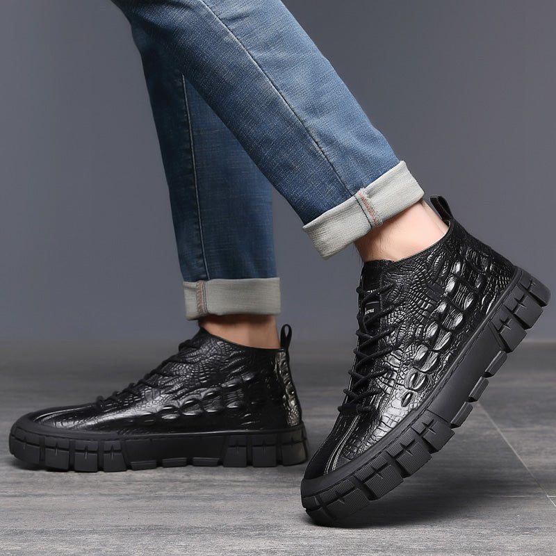 Ανδρικά Sneakers Δερμάτινη Πλατφόρμα Lace Up Casual Παπούτσια - Μαύρος