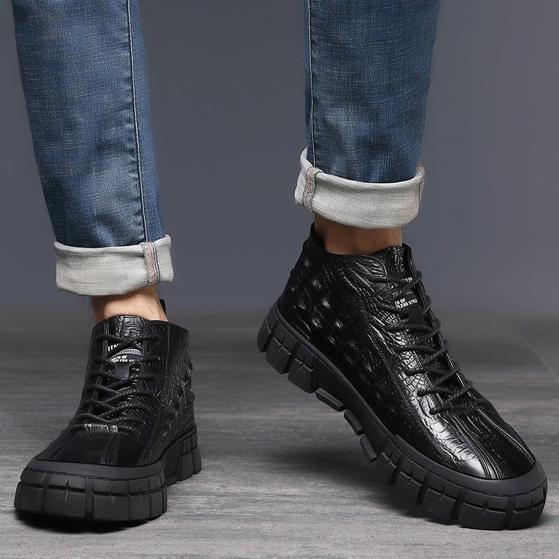 Ανδρικά Sneakers Δερμάτινη Πλατφόρμα Lace Up Casual Παπούτσια - Μαύρος