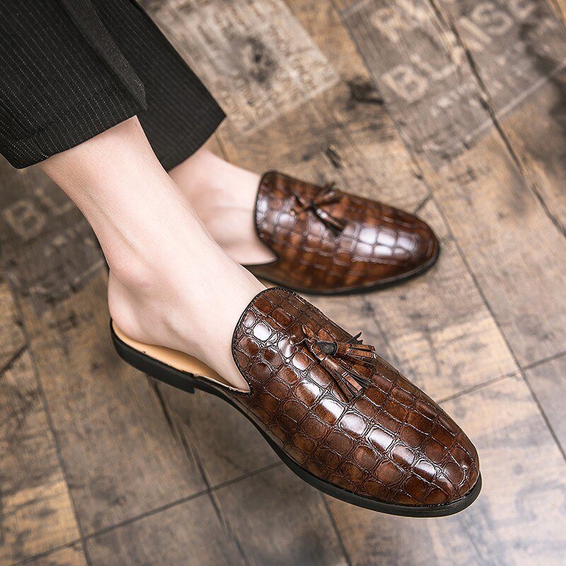 Ανδρικά Επίσημα Παπούτσια Chic Comfortable Crocodile Pattern Slip-on Mules - Καφές