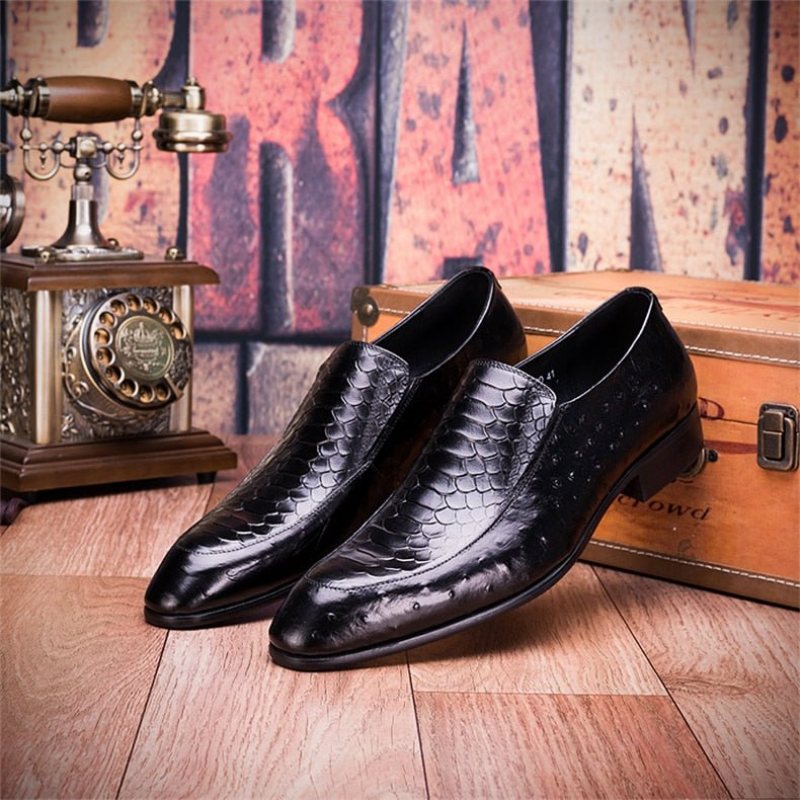 Ανδρικά Επίσημα Παπούτσια Croc Texture Leather Slip-on Oxford Brogues - Μαύρο