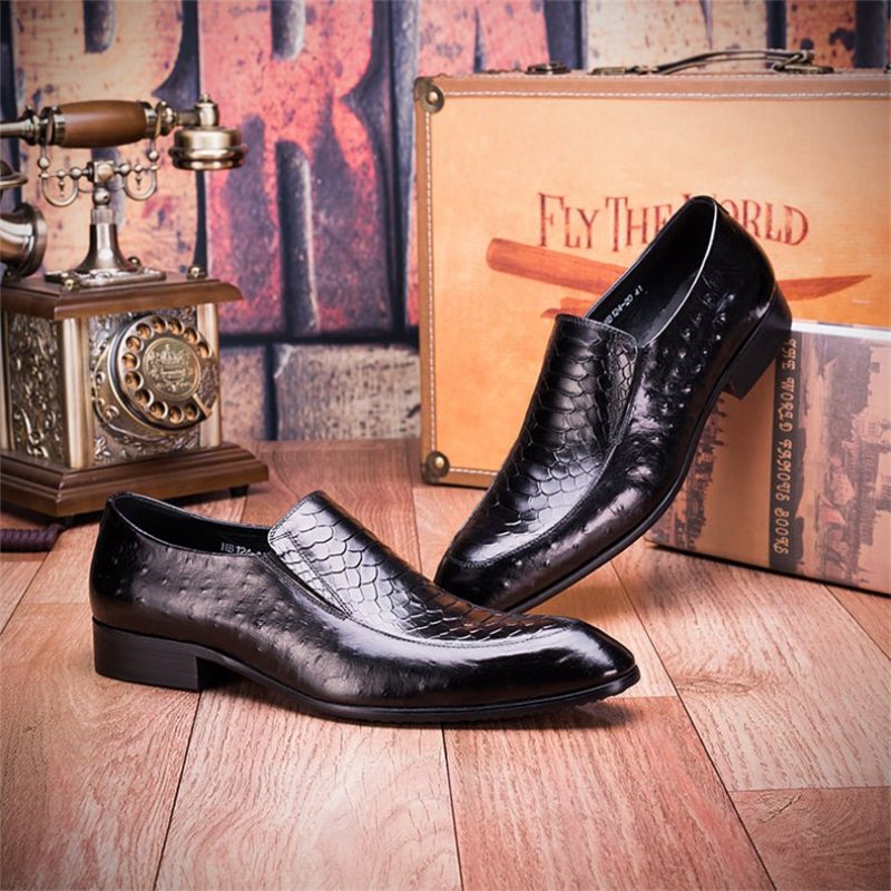 Ανδρικά Επίσημα Παπούτσια Croc Texture Leather Slip-on Oxford Brogues - Μαύρο