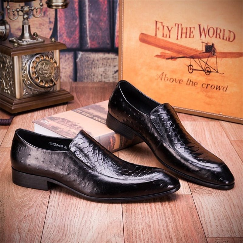 Ανδρικά Επίσημα Παπούτσια Croc Texture Leather Slip-on Oxford Brogues - Μαύρο