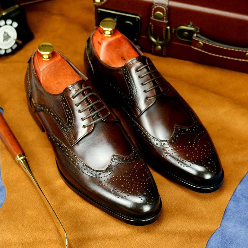 Ανδρικά Επίσημα Παπούτσια Exotic Cow Leather Lace-up Oxford - Καφέ