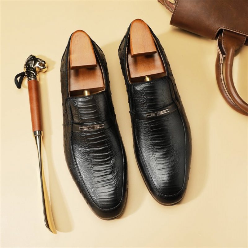 Ανδρικά Επίσημα Παπούτσια Exotic Crocodile Lace-up Formal Loafers - Μαύρο