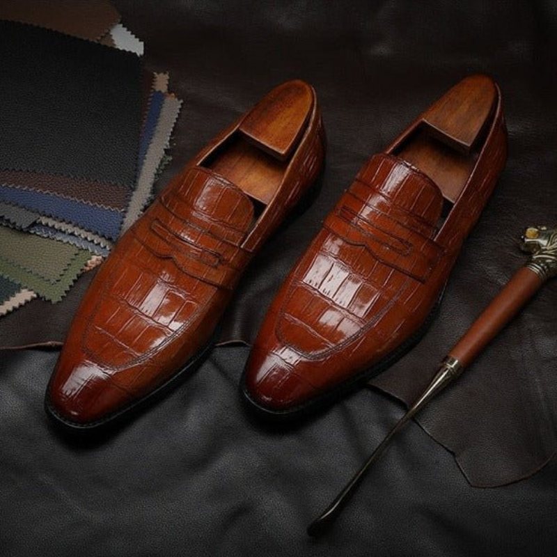 Ανδρικά Επίσημα Παπούτσια Exotic Texture Slip-on Brogue - Καφές