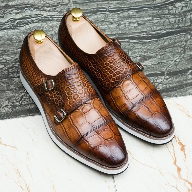 Ανδρικά Επίσημα Παπούτσια Exquisite Crocodile Texture Monkstraps - Καφές