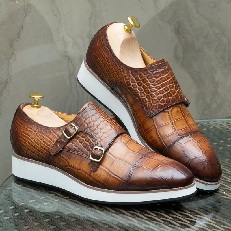 Ανδρικά Επίσημα Παπούτσια Exquisite Crocodile Texture Monkstraps - Καφές