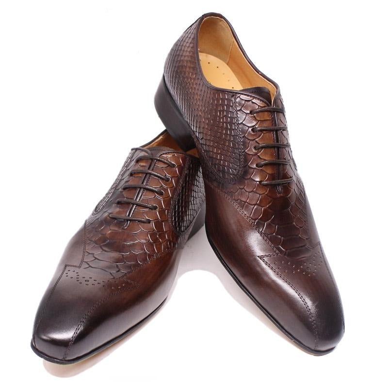 Ανδρικά Επίσημα Παπούτσια Snakeskin Elegance Lace-up Brogue Φόρεμα - Καφές