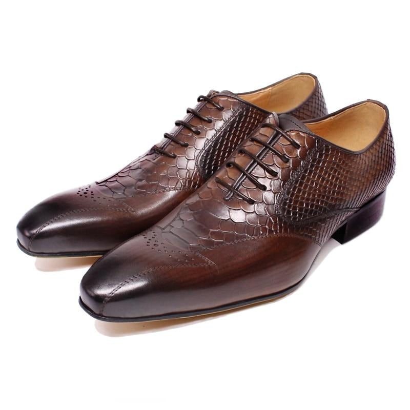 Ανδρικά Επίσημα Παπούτσια Snakeskin Elegance Lace-up Brogue Φόρεμα - Καφές