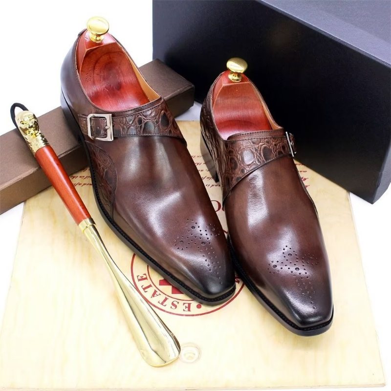 Ανδρικά Επίσημα Παπούτσια Εκλεκτά Φόρεμα Monkstraps Με Ανάγλυφο Κροκ - Καφές