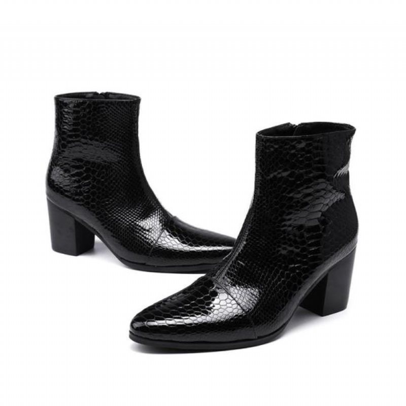 Ανδρικά Μποτάκια Γυαλιστερά Serpent Pointed Captoe Elevator Ankle Boots - Μαύρο