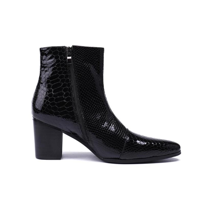 Ανδρικά Μποτάκια Γυαλιστερά Serpent Pointed Captoe Elevator Ankle Boots - Μαύρο