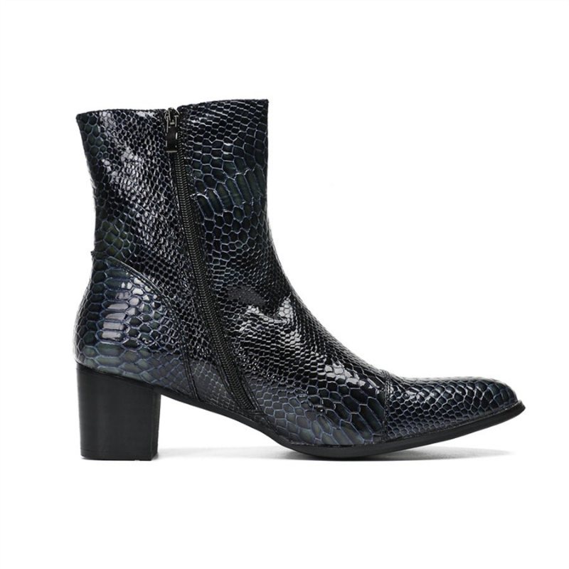 Ανδρικά Μποτάκια Γυαλιστερά Serpent Pointed Captoe Elevator Ankle Boots - Μπλε