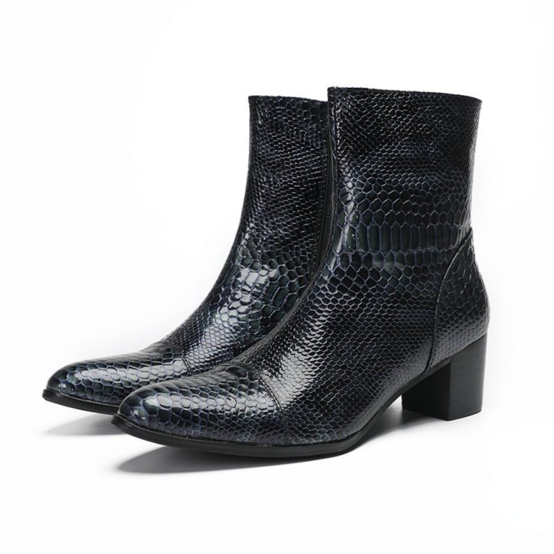 Ανδρικά Μποτάκια Γυαλιστερά Serpent Pointed Captoe Elevator Ankle Boots - Μπλε