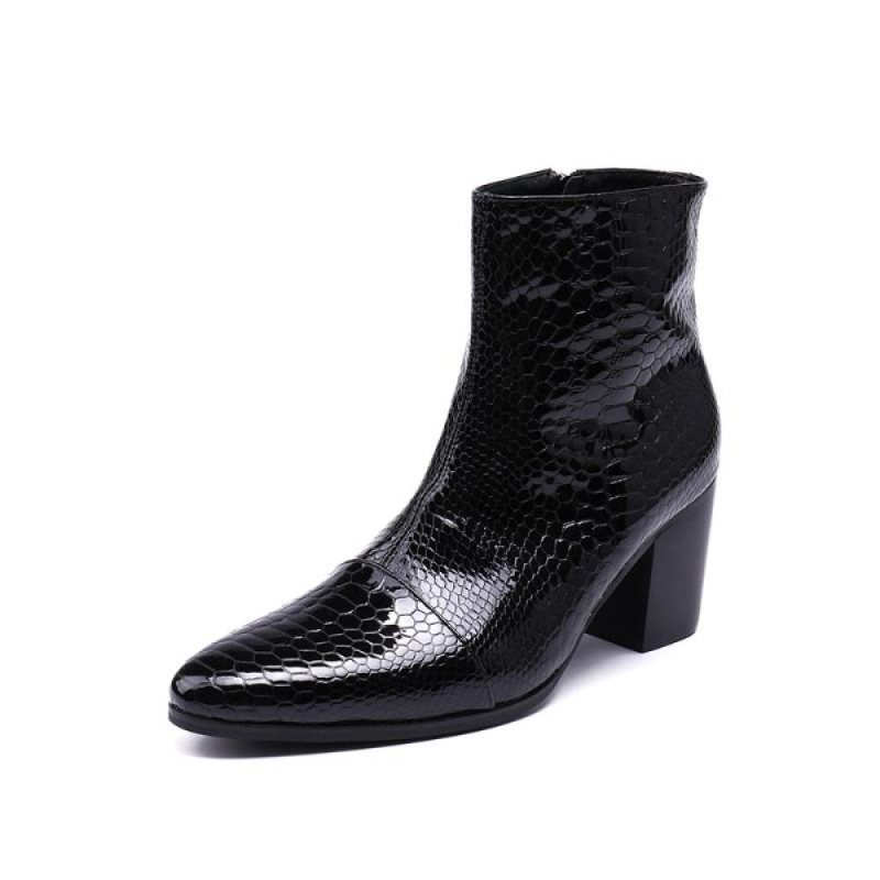 Ανδρικά Μποτάκια Γυαλιστερά Serpent Pointed Captoe Elevator Ankle Boots - Μαύρο