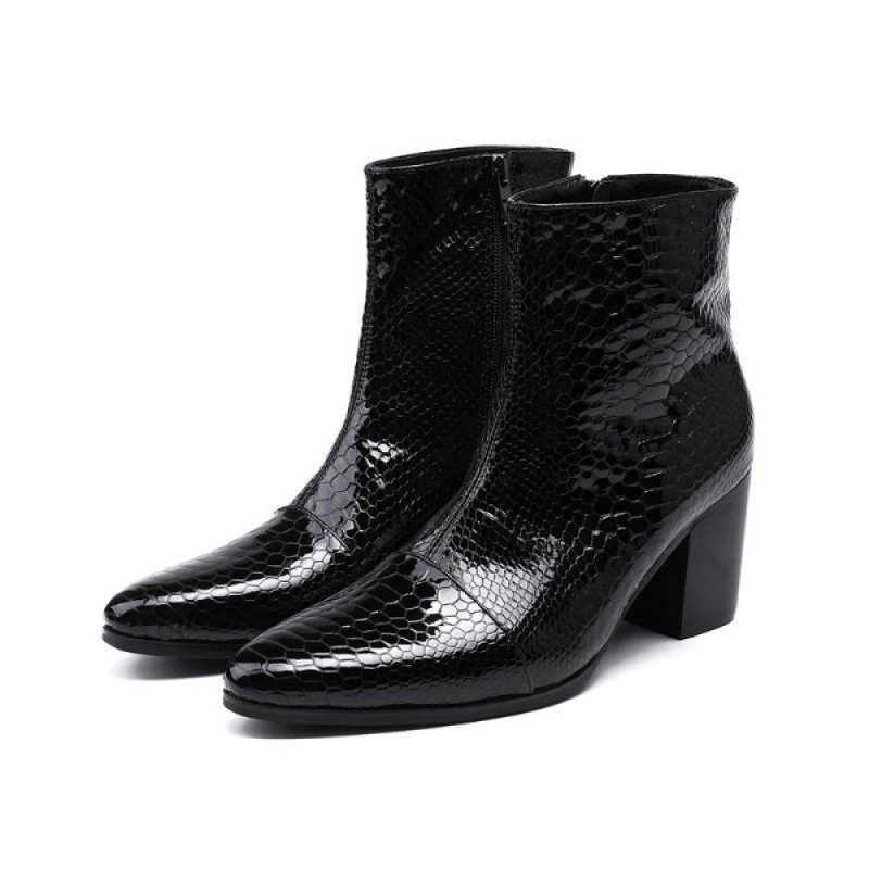 Ανδρικά Μποτάκια Γυαλιστερά Serpent Pointed Captoe Elevator Ankle Boots - Μαύρο