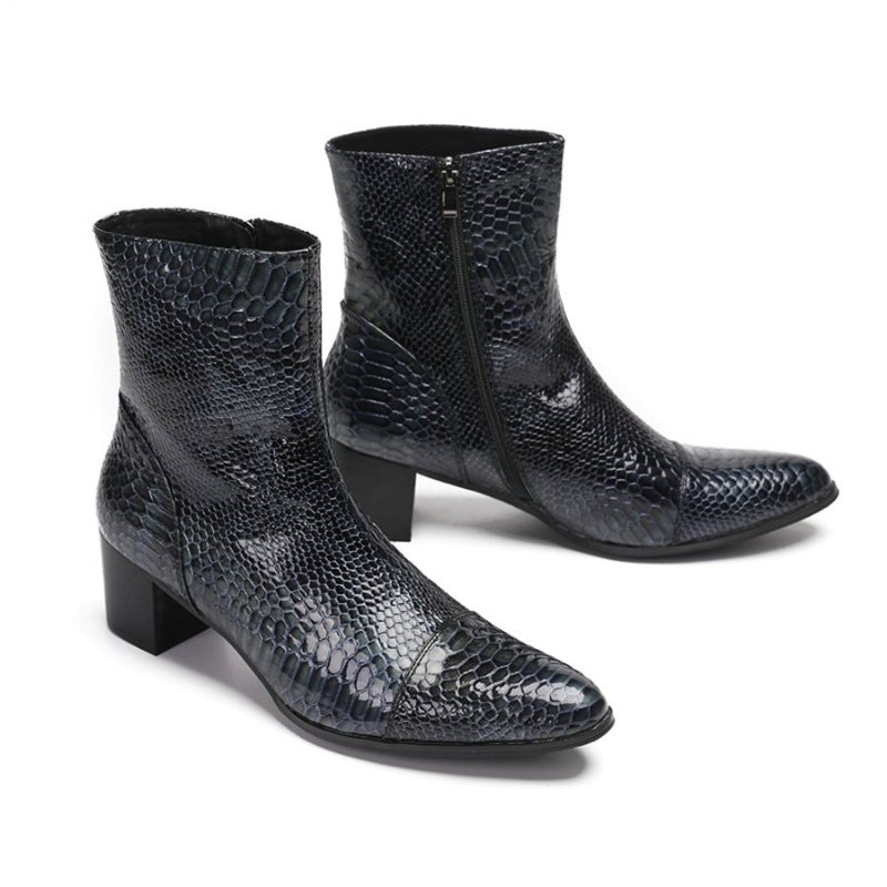 Ανδρικά Μποτάκια Γυαλιστερά Serpent Pointed Captoe Elevator Ankle Boots - Μπλε