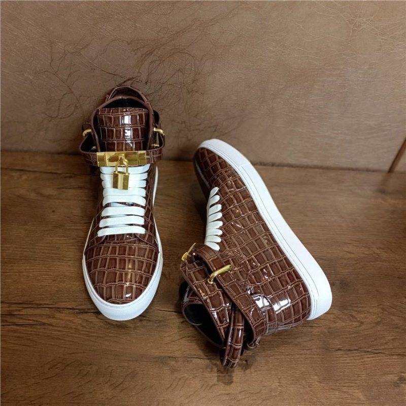 Ανδρικά Πάνινα Παπούτσια Με Ανάγλυφο High Top Design Flat Sneakers - Καφές