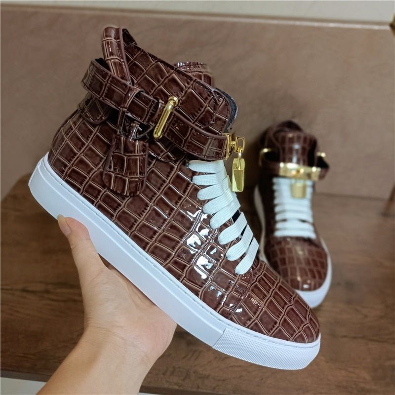 Ανδρικά Πάνινα Παπούτσια Με Ανάγλυφο High Top Design Flat Sneakers - Καφές