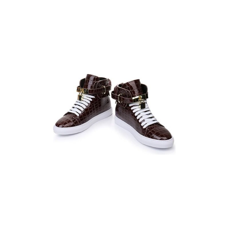 Ανδρικά Πάνινα Παπούτσια Με Ανάγλυφο High Top Design Flat Sneakers - Καφές