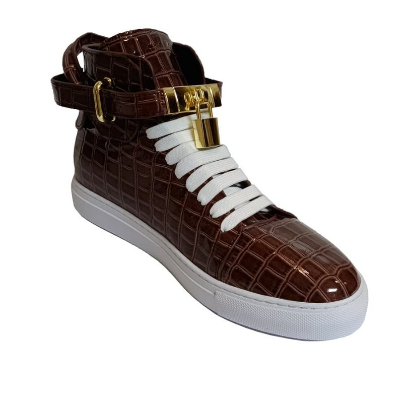 Ανδρικά Πάνινα Παπούτσια Με Ανάγλυφο High Top Design Flat Sneakers - Καφές