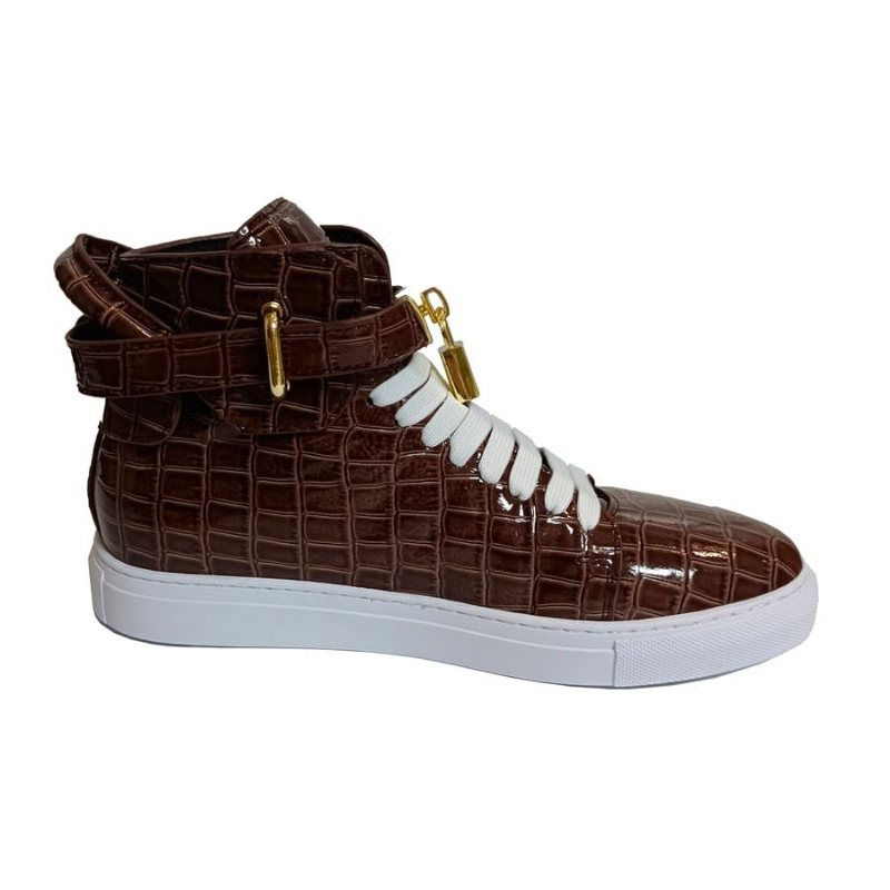 Ανδρικά Πάνινα Παπούτσια Με Ανάγλυφο High Top Design Flat Sneakers - Καφές