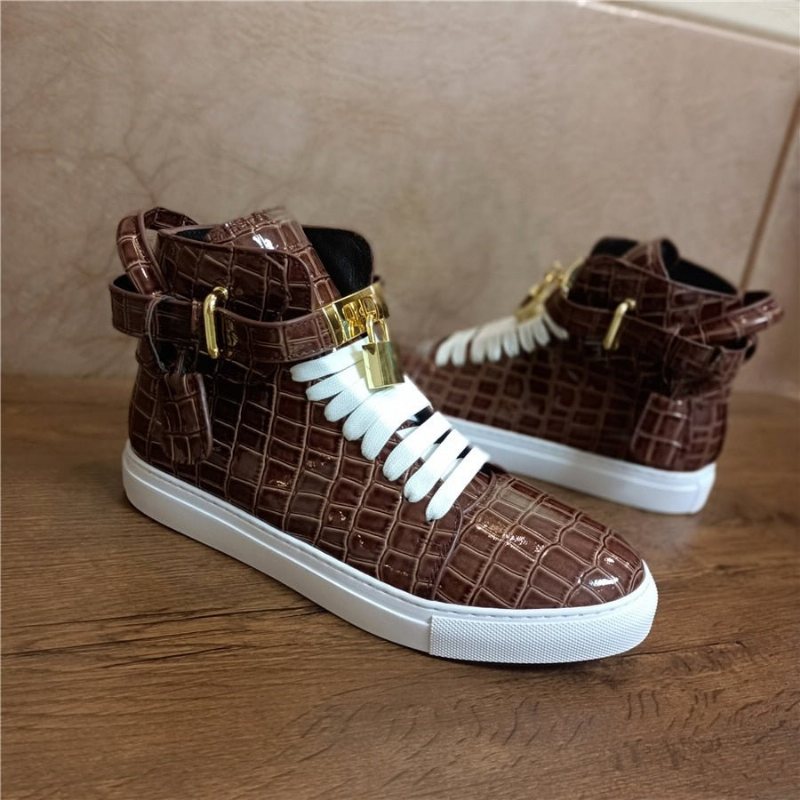 Ανδρικά Πάνινα Παπούτσια Με Ανάγλυφο High Top Design Flat Sneakers - Καφές