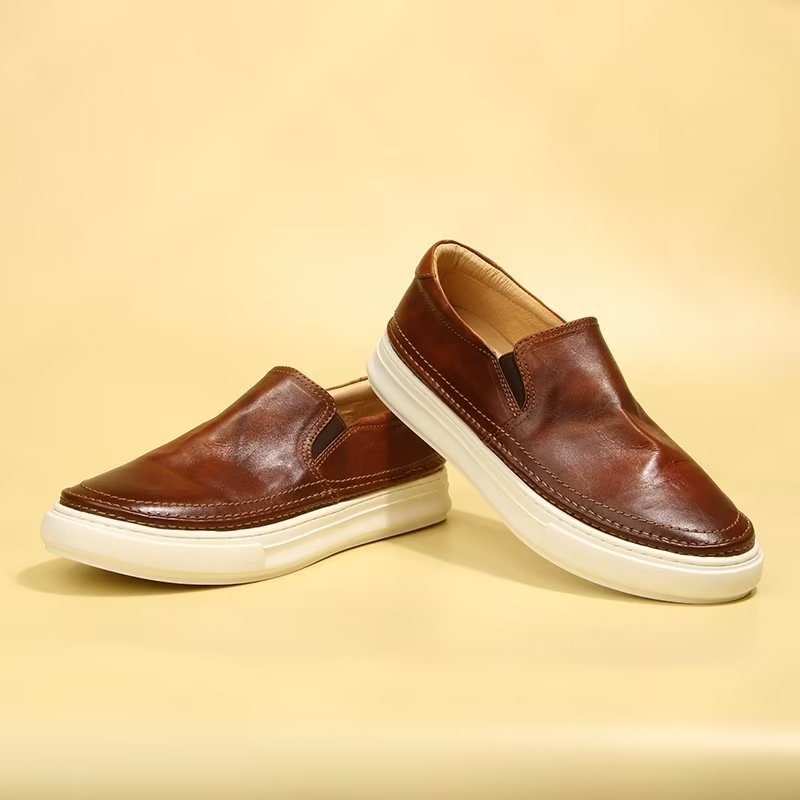 Ανδρικά Παπούτσια Casual Κομψά Δερμάτινα Slip On High End Sneakers - Καφέ