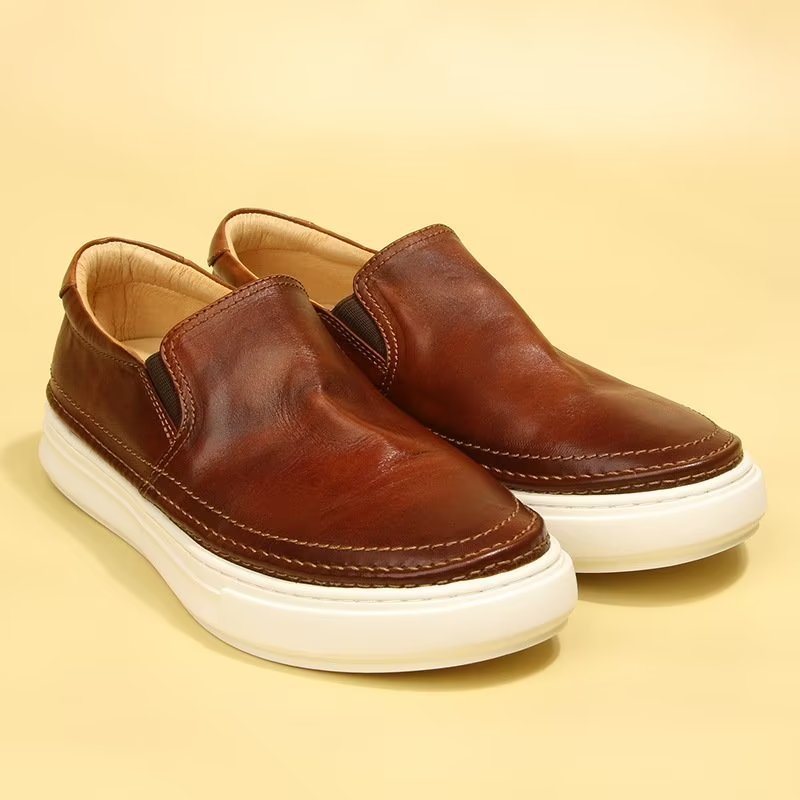 Ανδρικά Παπούτσια Casual Κομψά Δερμάτινα Slip On High End Sneakers - Καφέ