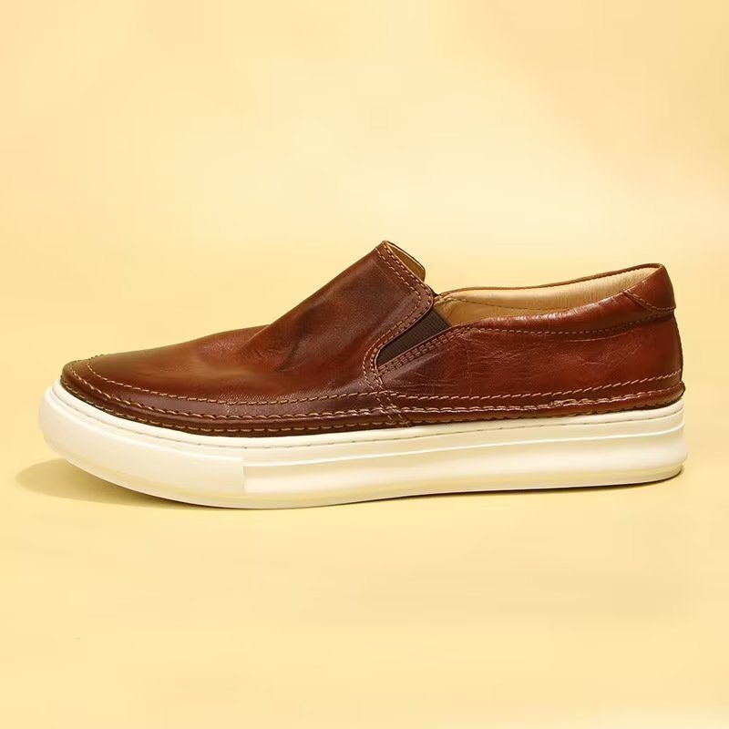 Ανδρικά Παπούτσια Casual Κομψά Δερμάτινα Slip On High End Sneakers - Καφέ