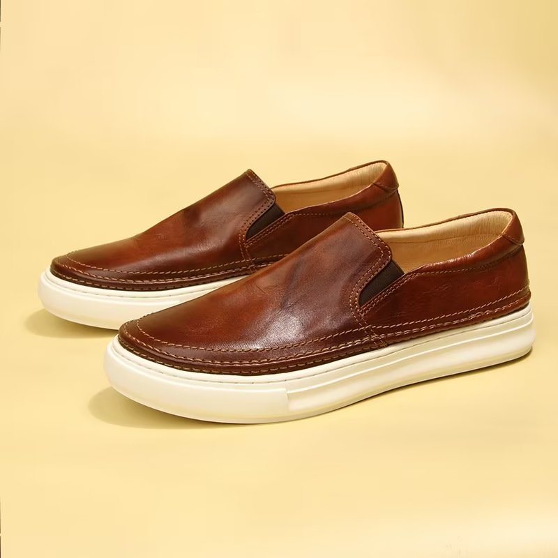 Ανδρικά Παπούτσια Casual Κομψά Δερμάτινα Slip On High End Sneakers - Καφέ