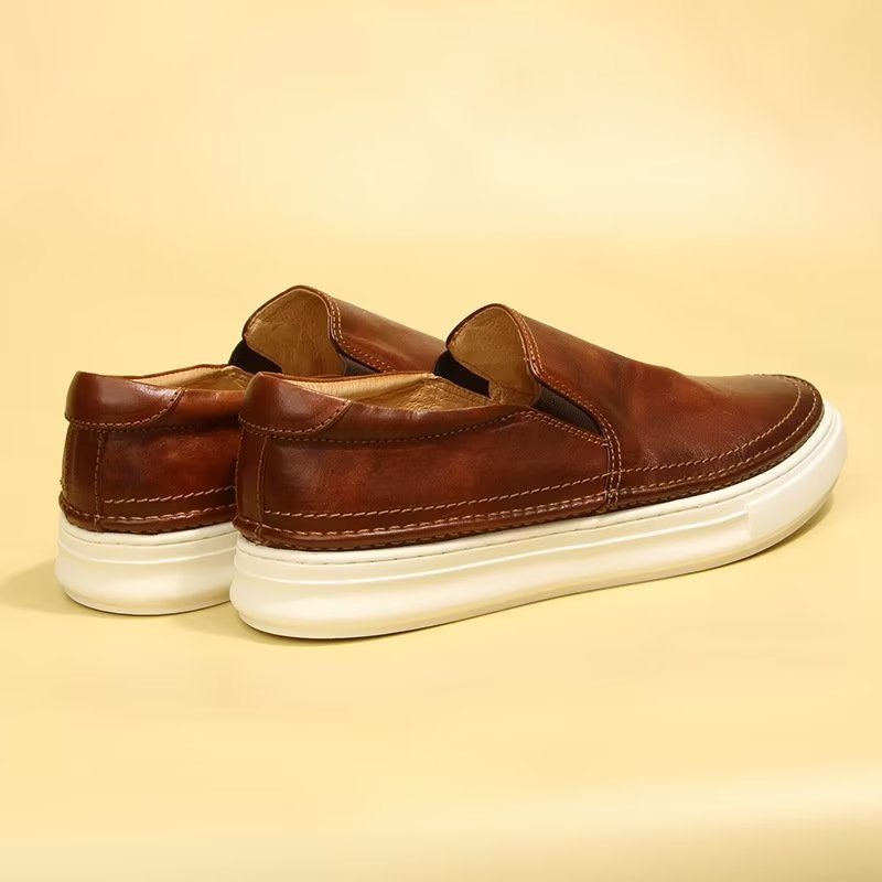 Ανδρικά Παπούτσια Casual Κομψά Δερμάτινα Slip On High End Sneakers - Καφέ