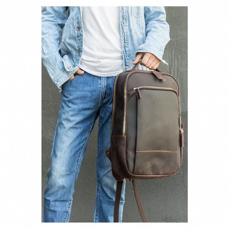 Ανδρικά Σακίδια Πλάτης Vintage Πολυτέλεια Leather Laptop Daypack - Καφές