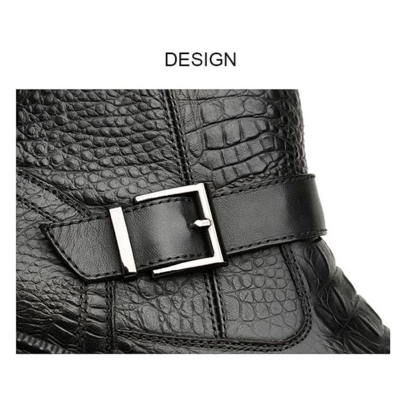 Ανδρικές Μπότες Chic Crocodile Leather Στρογγυλές Εργασίας Με Φερμουάρ - Μαύρο