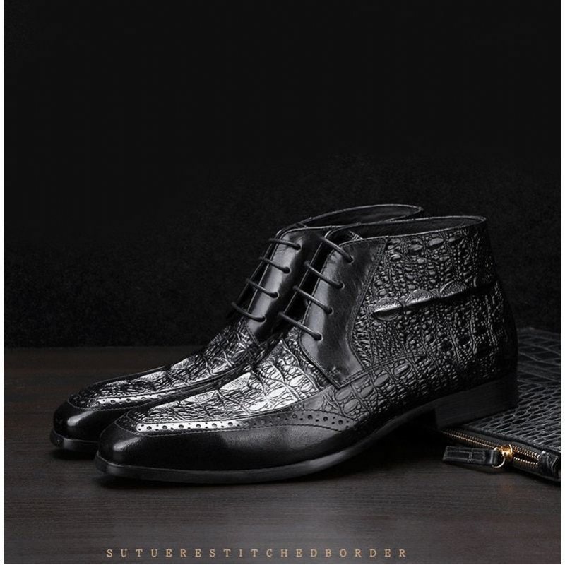 Ανδρικές Μπότες Croc Texture Ankle Lace-up Boots Brogue - Μαύρο