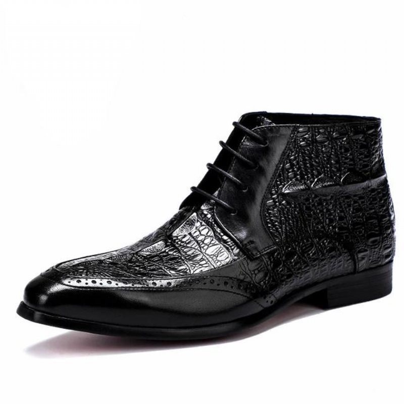 Ανδρικές Μπότες Croc Texture Ankle Lace-up Boots Brogue - Μαύρο