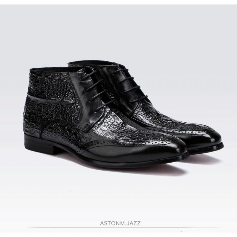 Ανδρικές Μπότες Croc Texture Ankle Lace-up Boots Brogue - Μαύρο