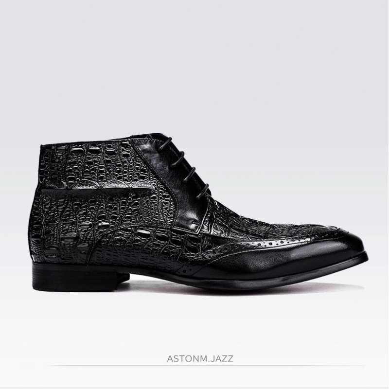 Ανδρικές Μπότες Croc Texture Ankle Lace-up Boots Brogue - Μαύρο