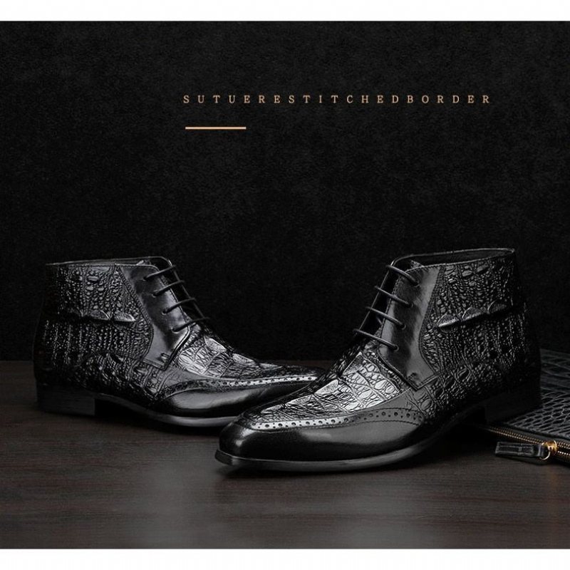 Ανδρικές Μπότες Croc Texture Ankle Lace-up Boots Brogue - Μαύρο