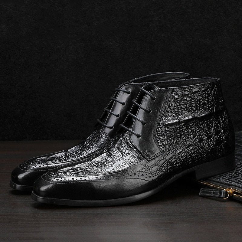 Ανδρικές Μπότες Croc Texture Ankle Lace-up Boots Brogue - Μαύρο