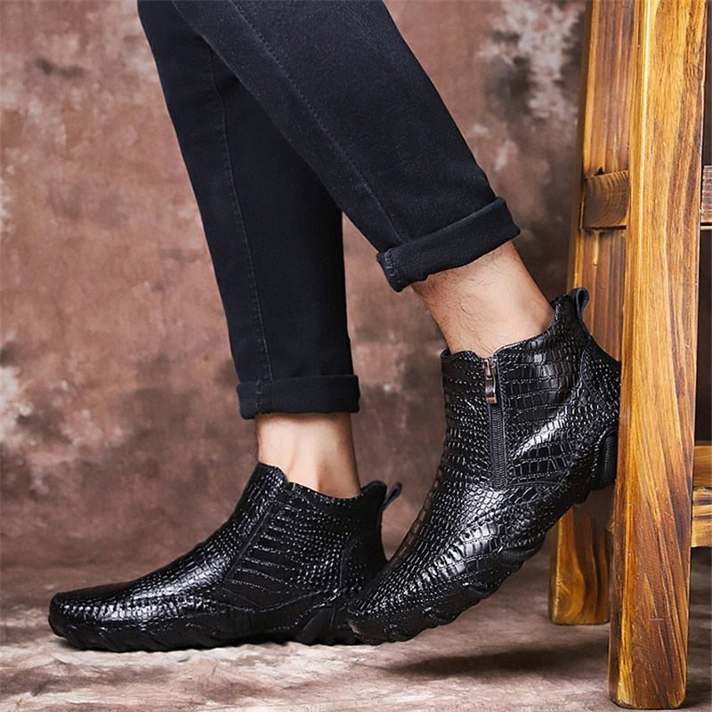 Ανδρικές Μπότες Πολυτέλεια British Alligator Leather Slip-on Ankle Boots - Μαύρο