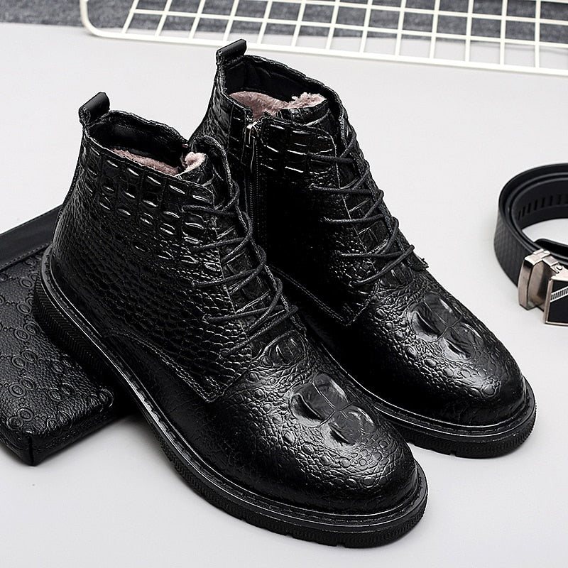 Ανδρικές Μπότες Πολυτέλεια Crocfur Crocodile Pattern Ankle Boots - Μαύρο 