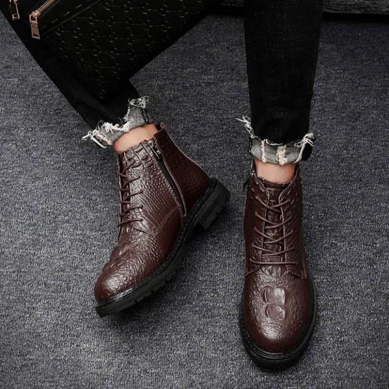 Ανδρικές Μπότες Πολυτέλεια Crocfur Crocodile Pattern Ankle Boots - Καφές