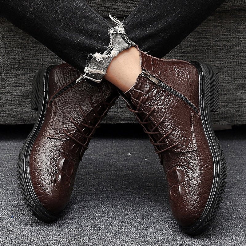 Ανδρικές Μπότες Πολυτέλεια Crocfur Crocodile Pattern Ankle Boots - Καφές