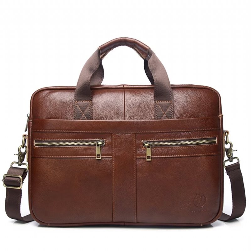 Ανδρικές Τσάντες Ώμου Executive Square Leather Satchel - Καφέ