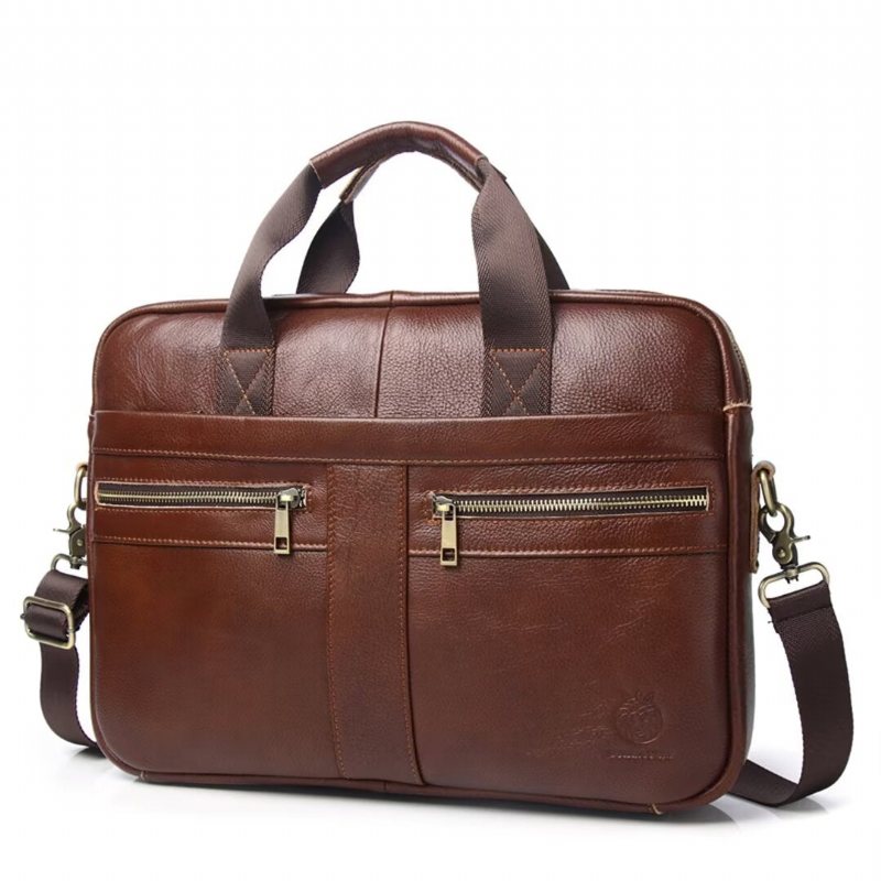 Ανδρικές Τσάντες Ώμου Executive Square Leather Satchel - Καφέ