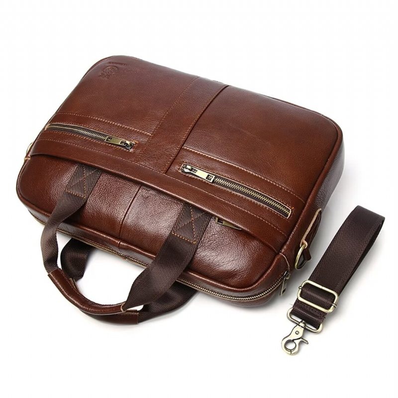 Ανδρικές Τσάντες Ώμου Executive Square Leather Satchel - Καφέ